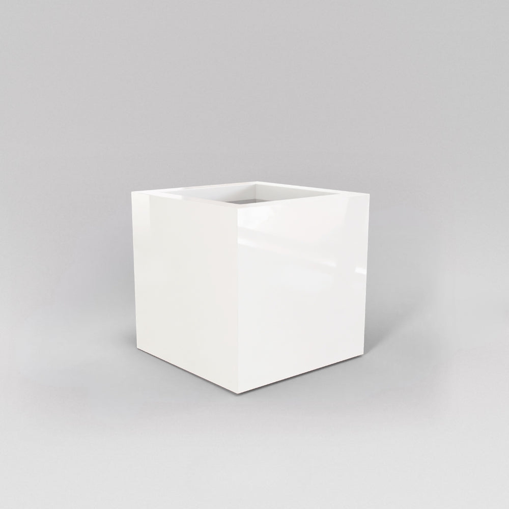 Montroy Cube Fiberglass Planter in gloss bright white against gray background.