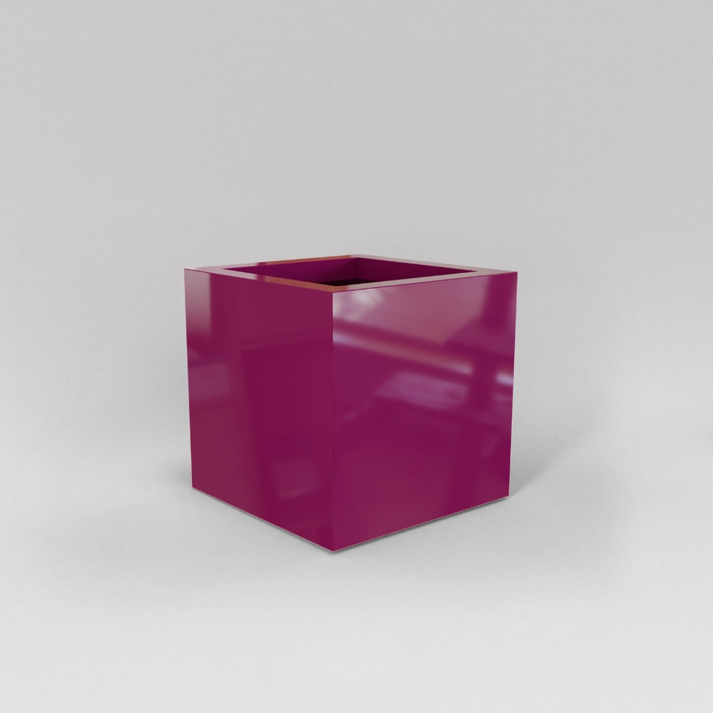 Montroy Cube Fiberglass Planter in gloss eggplant against gray background.