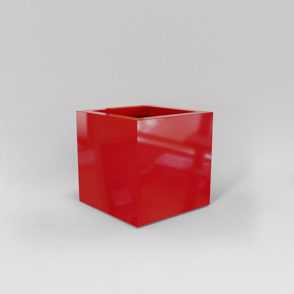 Montroy Cube Fiberglass Planter in gloss red against gray background.