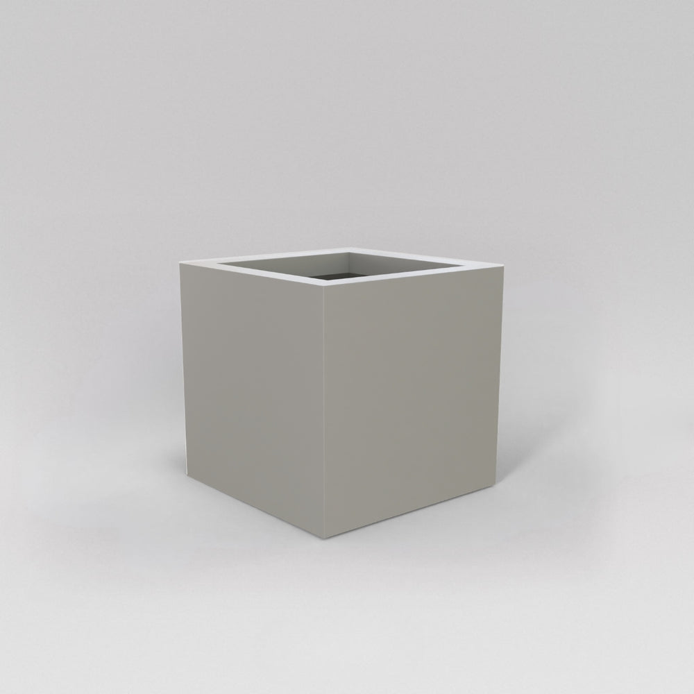 Montroy Cube Fiberglass Planter in matte cement gray against white background.