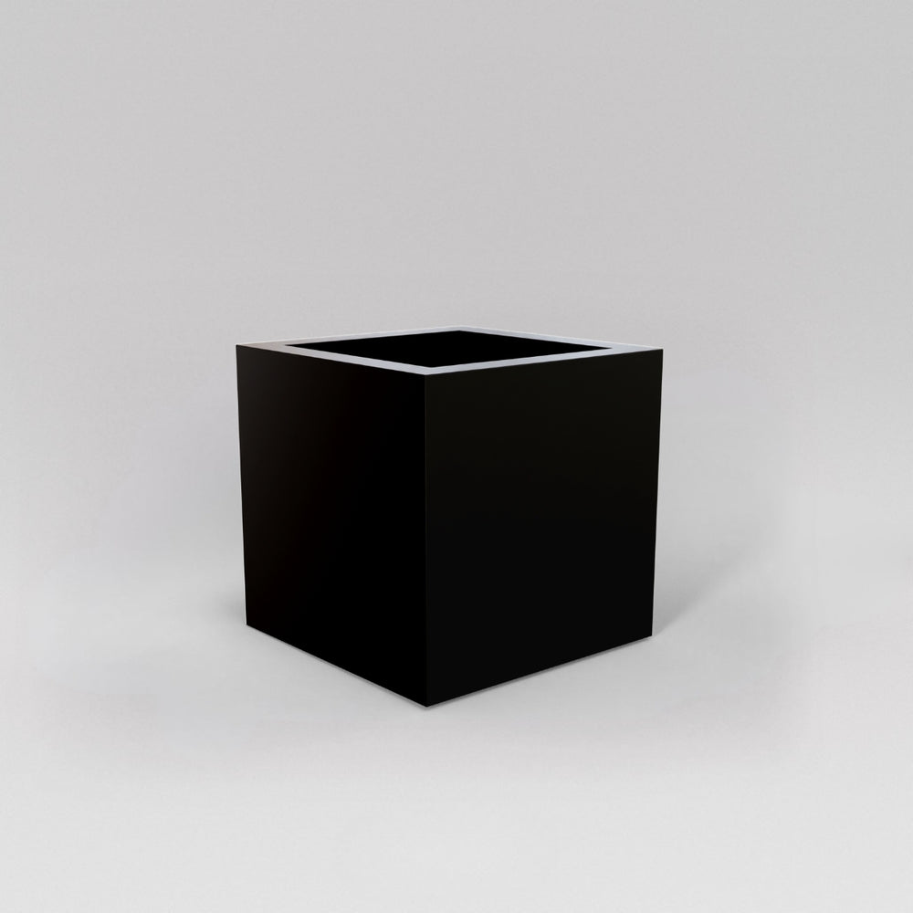 Montroy Cube Fiberglass Planter in matte black against gray background.