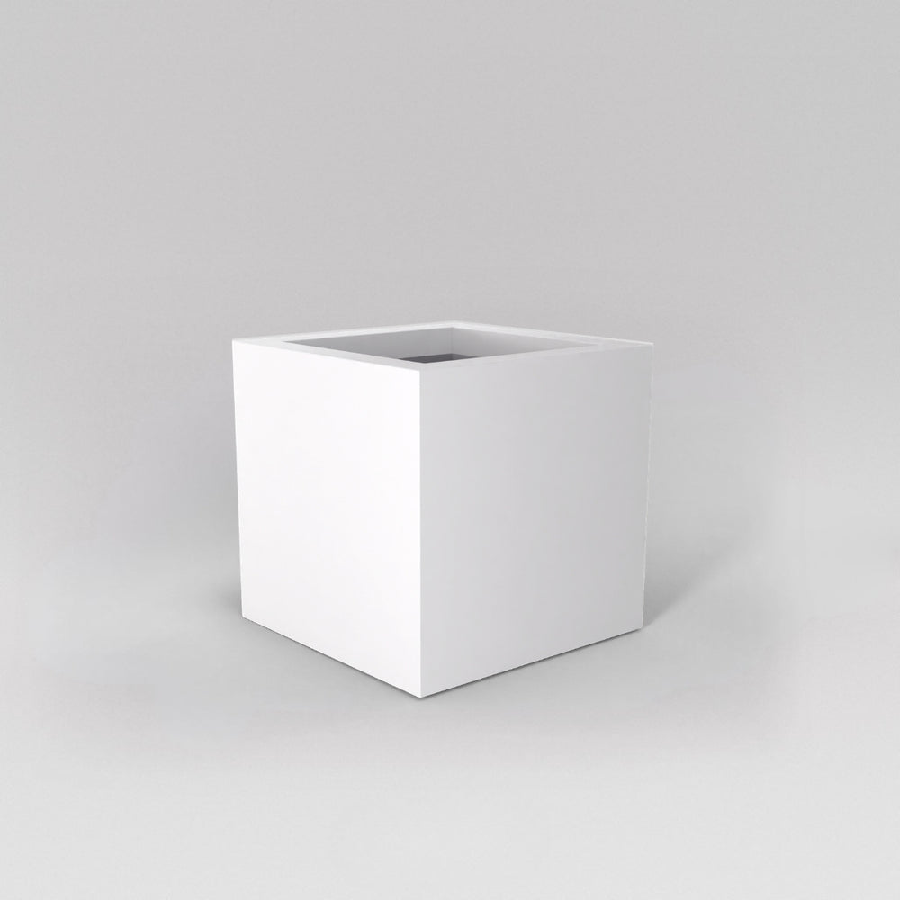 Montroy Cube Fiberglass Planter in matte bright white against gray background.