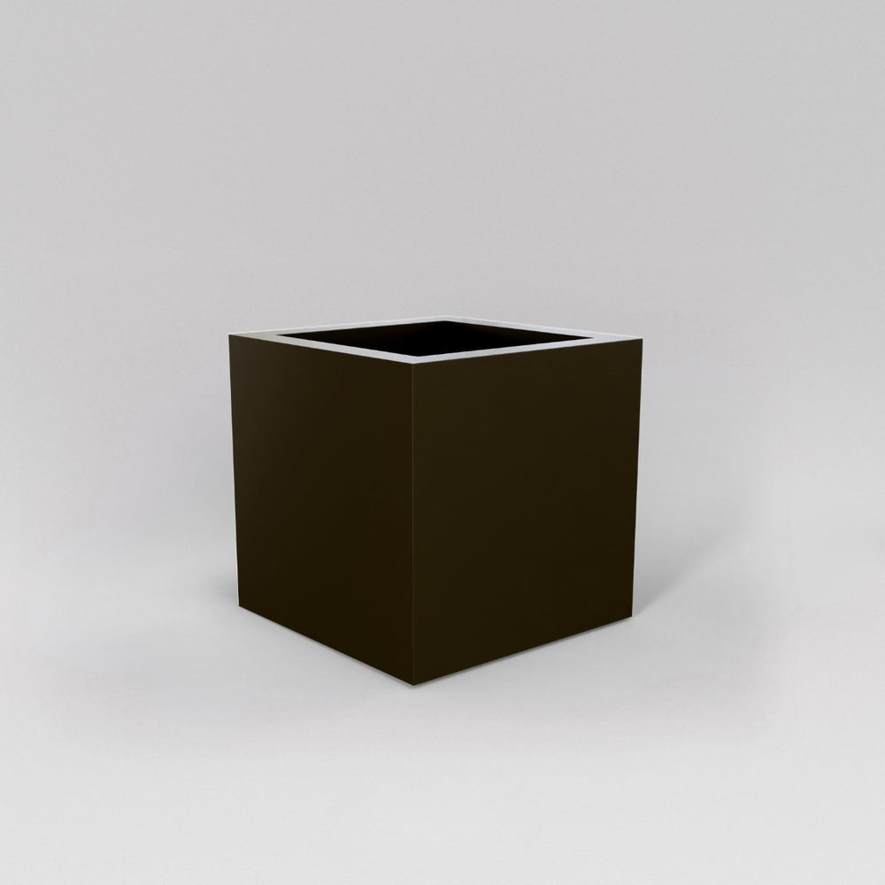 Montroy Cube Fiberglass Planter in matte bronze against gray background.