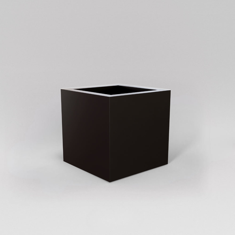 Montroy Cube Fiberglass Planter in matte charcoal against gray background.