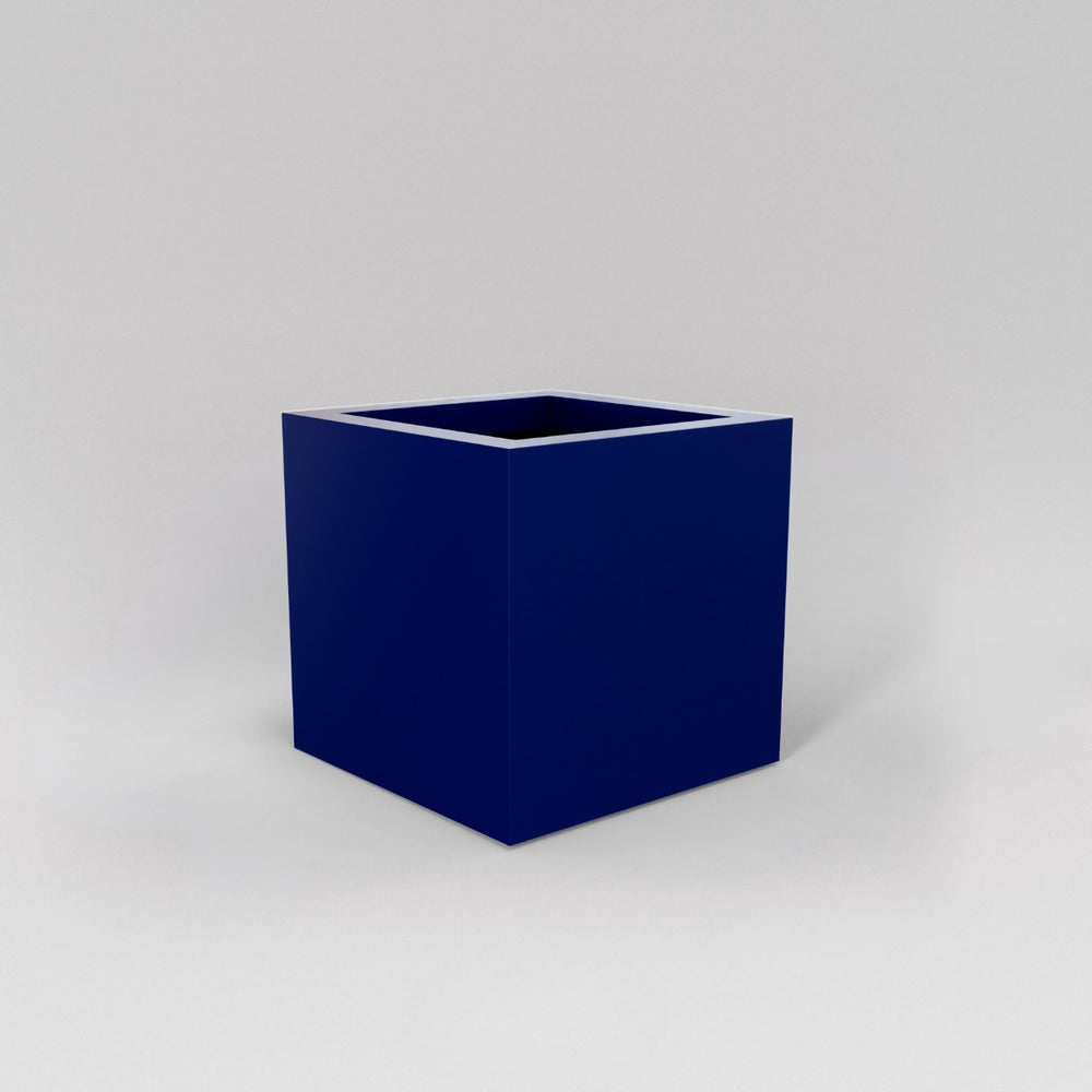 Montroy Cube Fiberglass Planter in matte cobalt blue against gray background.
