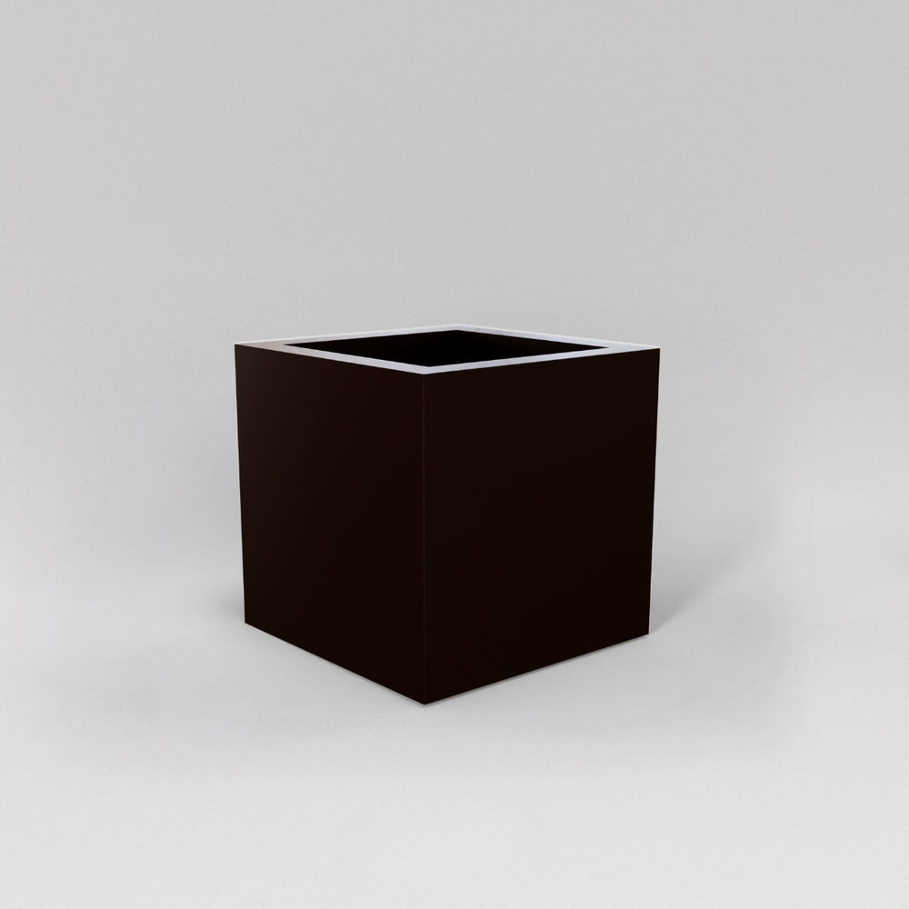 Montroy Cube Fiberglass Planter in matte dark brown against gray background.