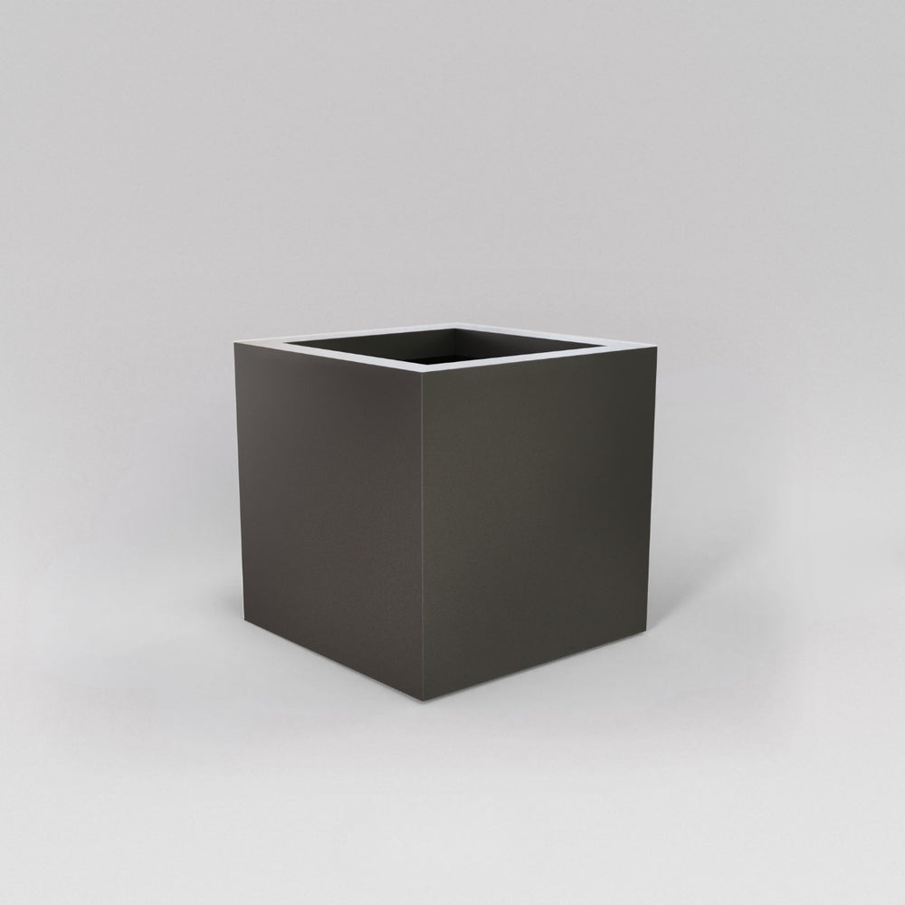 Montroy Cube Fiberglass Planter in matte gunmetal against gray background.
