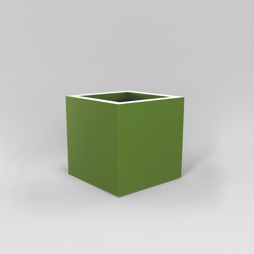 Montroy Cube Fiberglass Planter in satin green against gray background.