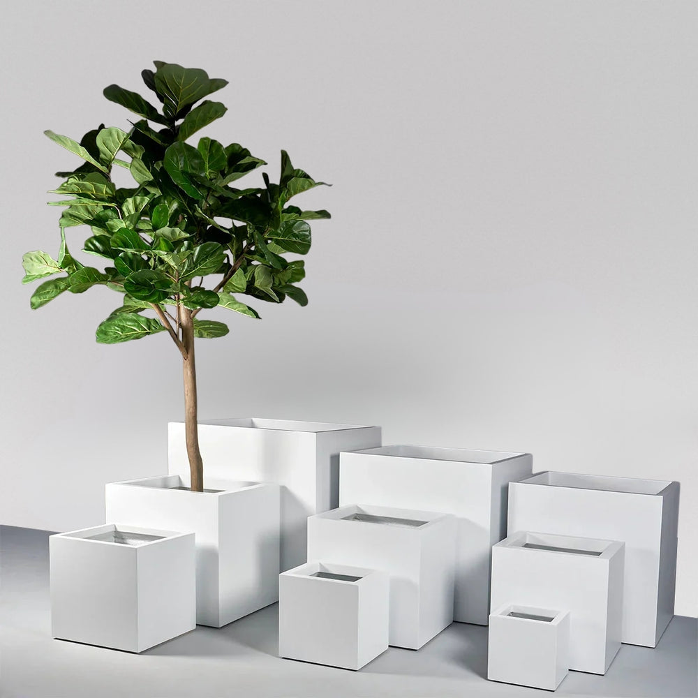 Montroy Cube Fiberglass Planter shown with different sizes filled with plants.