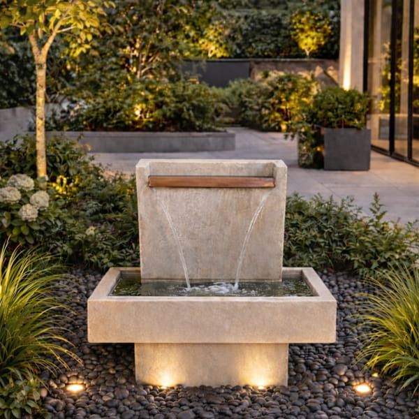Mystic Falls Fountain on patio in action at dusk.