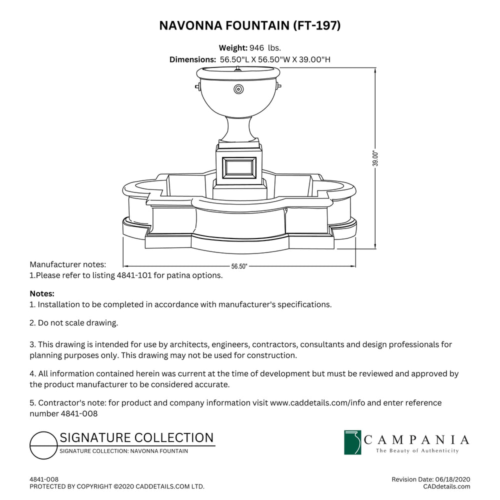 CAD drawing of the Navonna Fountain with dimensions, weight, and manufacturer notes.