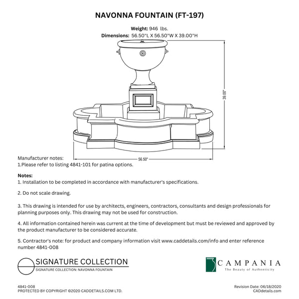 CAD drawing of the Navonna Fountain with dimensions, weight, and manufacturer notes.