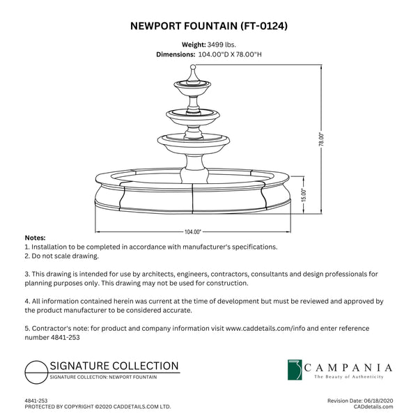 CAD drawing of the Newport Fountain with dimensions, weight, and manufacturer notes.