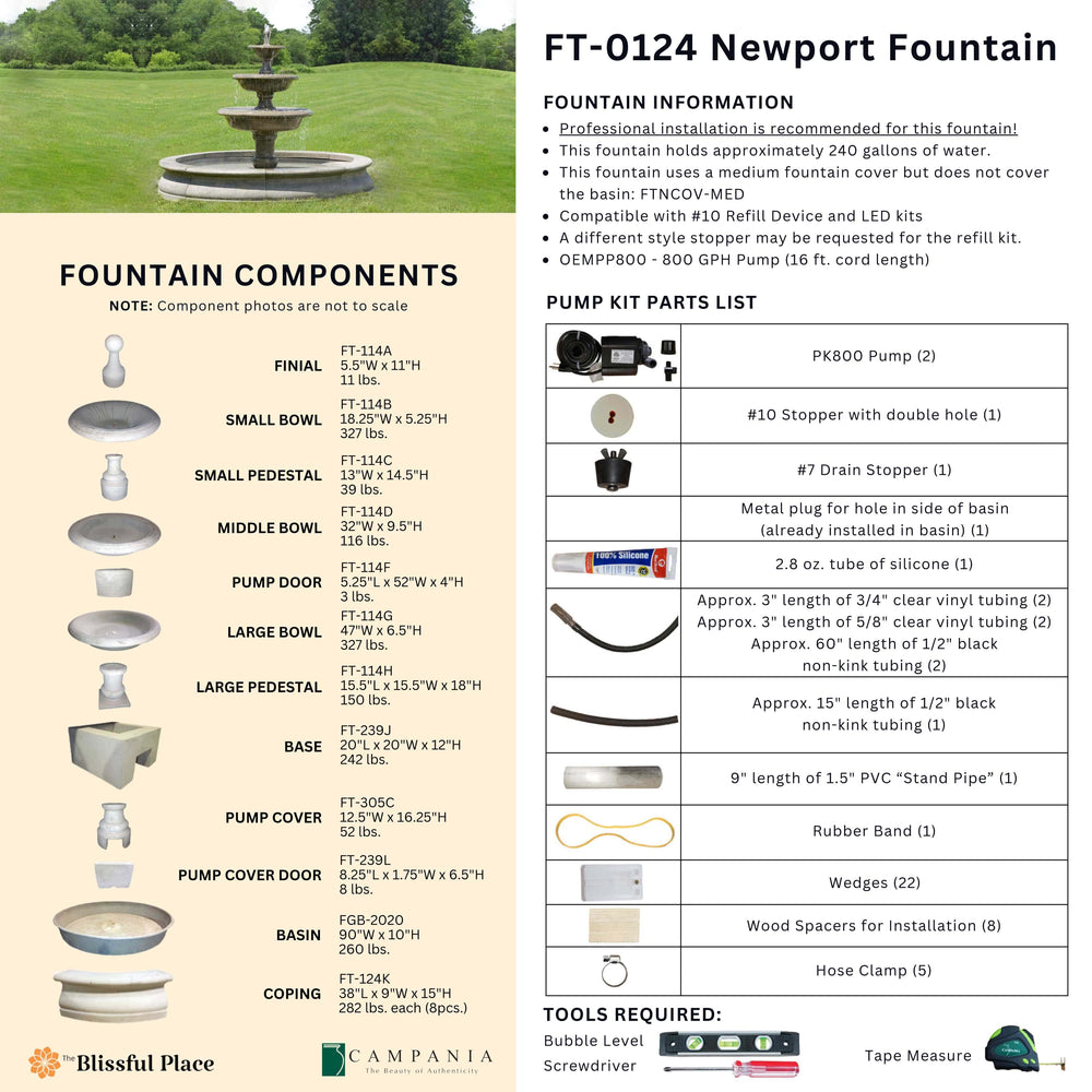 Complete overview of the Newport Fountain with dimensions, weights, pump kit parts, tools, and general info.