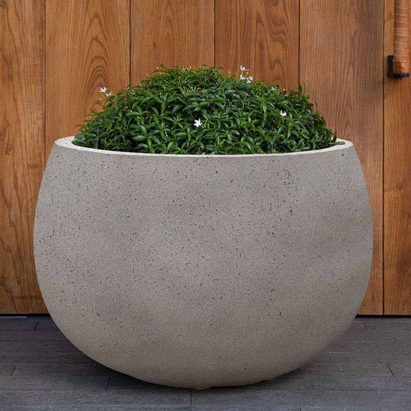 Norfolk Planter, Large in stone grey lite on concrete filled with plants.