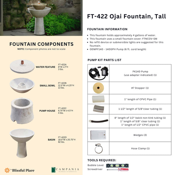 Complete overview of the Ojai Fountain, Tall with dimensions, weights, pump kit parts, tools, and general info.
