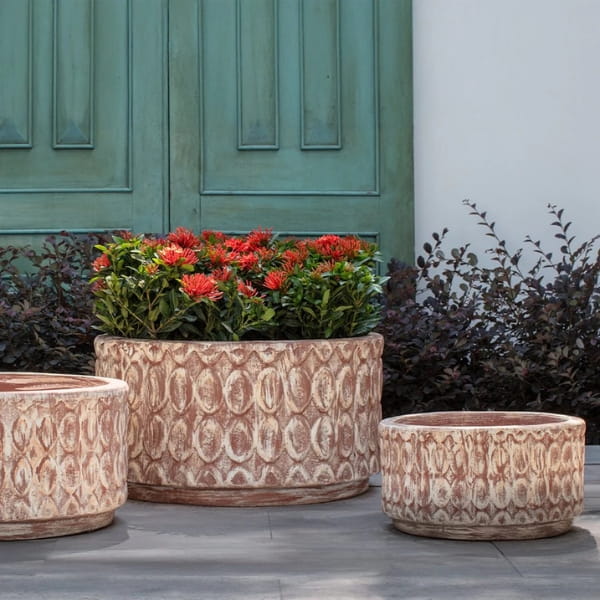 Oriel Planter, Low in glazed murano sol on concrete filled with plants.