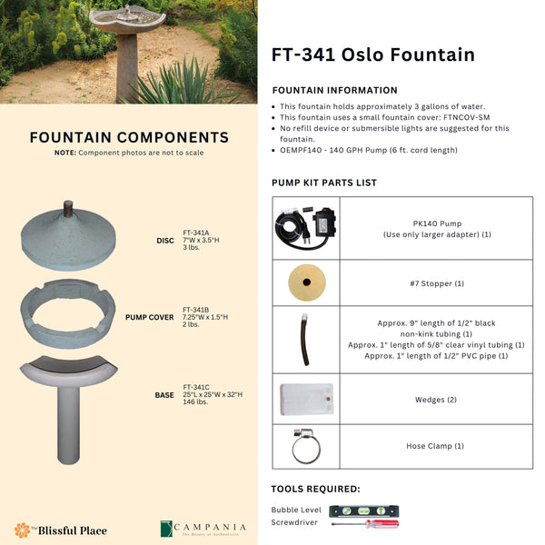 Complete overview of the Oslo Fountain with dimensions, weights, pump kit parts, tools, and general info.