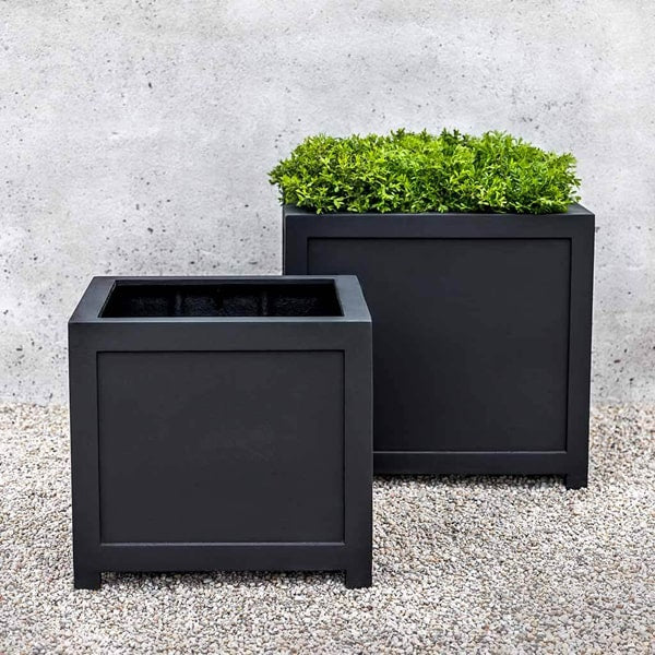 Oxford Square Planter, Small - Onyx Black Lite on gravel filled with plants