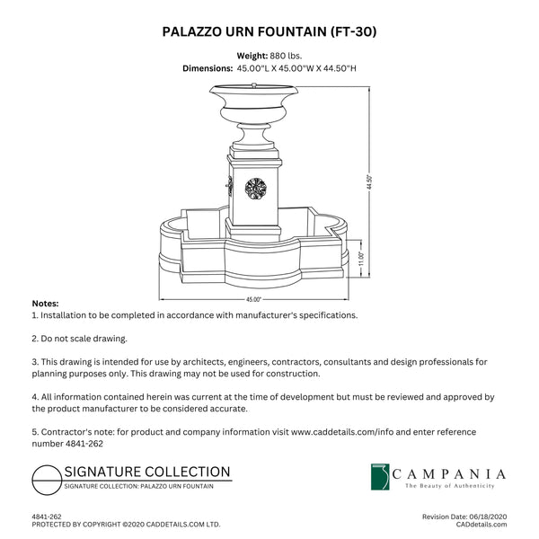 CAD drawing of the Palazzo Urn Fountain with dimensions, weight, and manufacturer notes.