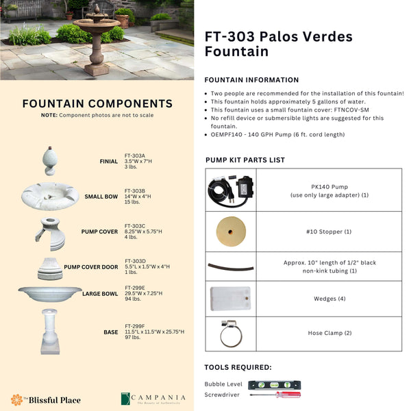 Complete overview of the Palos Verdes Fountain with dimensions, weights, pump kit parts, tools, and general info.