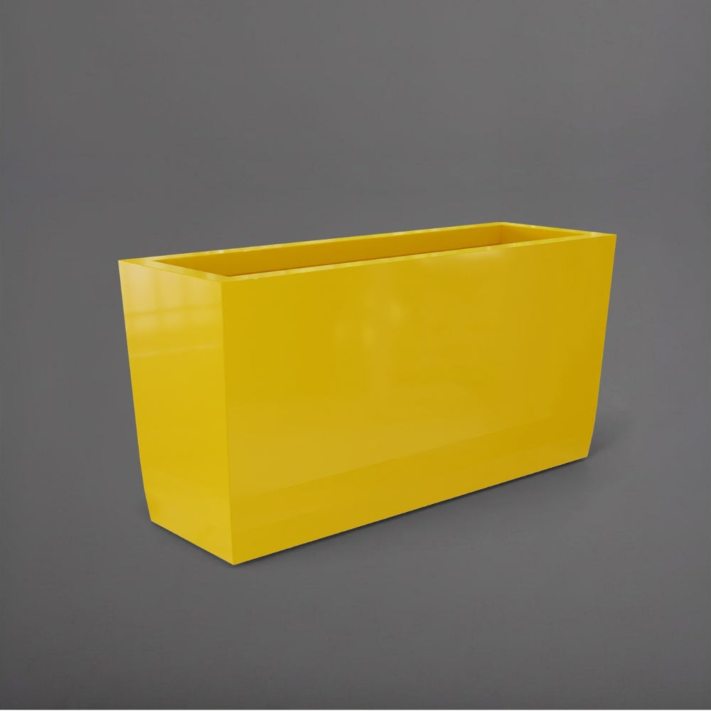 Panama Tapered Rectangle Planter in gloss saffron against gray background.