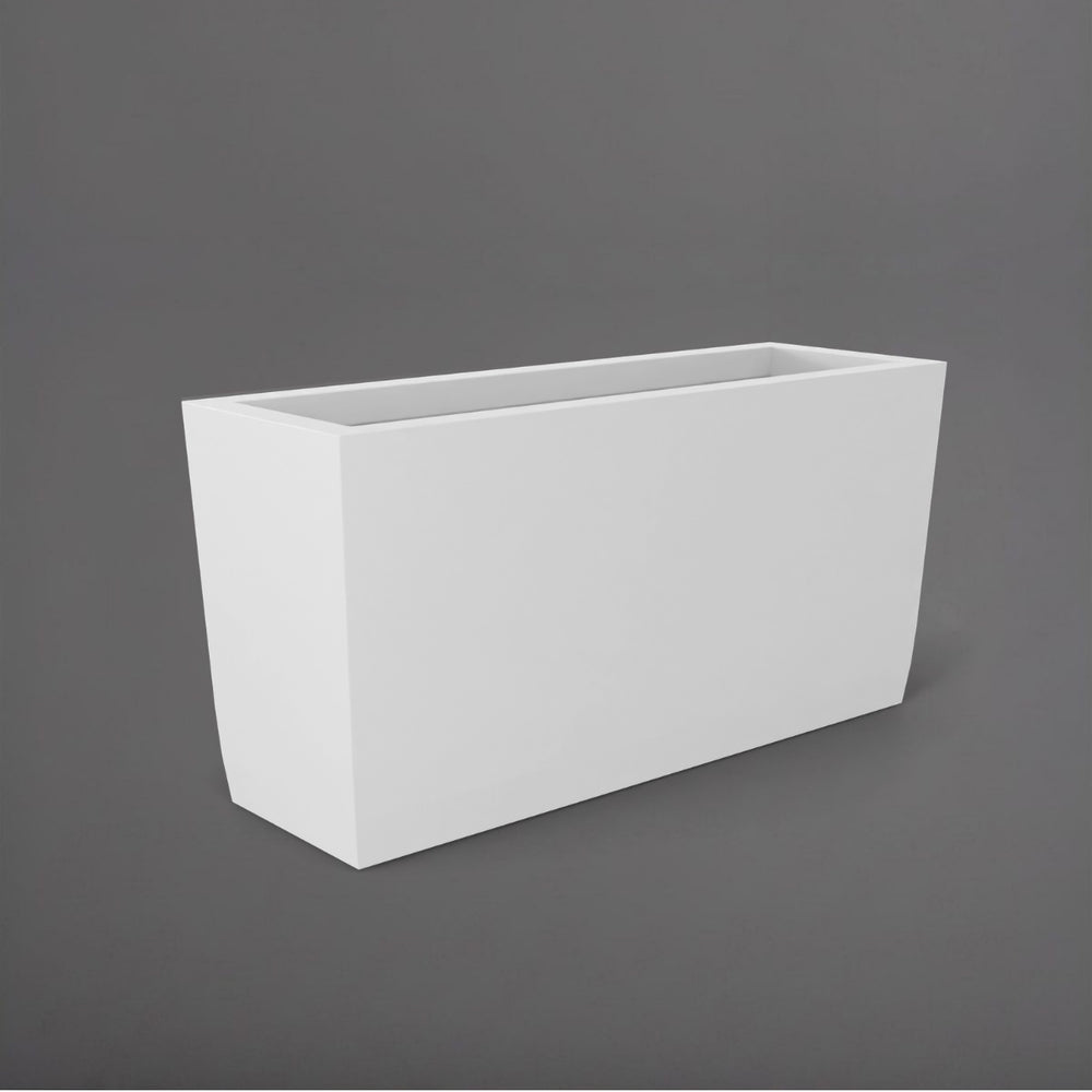 Panama Tapered Rectangle Planter in matte bright white against gray background.