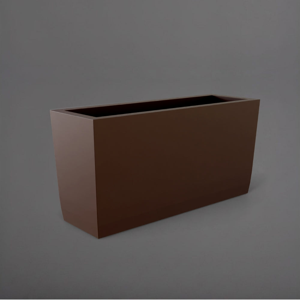 Panama Tapered Rectangle Planter in matte dark brown against gray background.