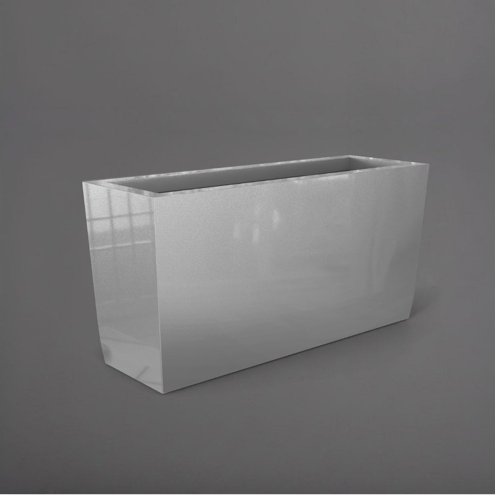 Panama Tapered Rectangle Planter in matte silver against gray background.