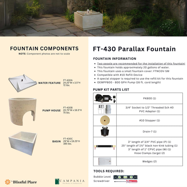 Complete overview of the Parallax Fountain with dimensions, weights, pump kit parts, tools, and general info.