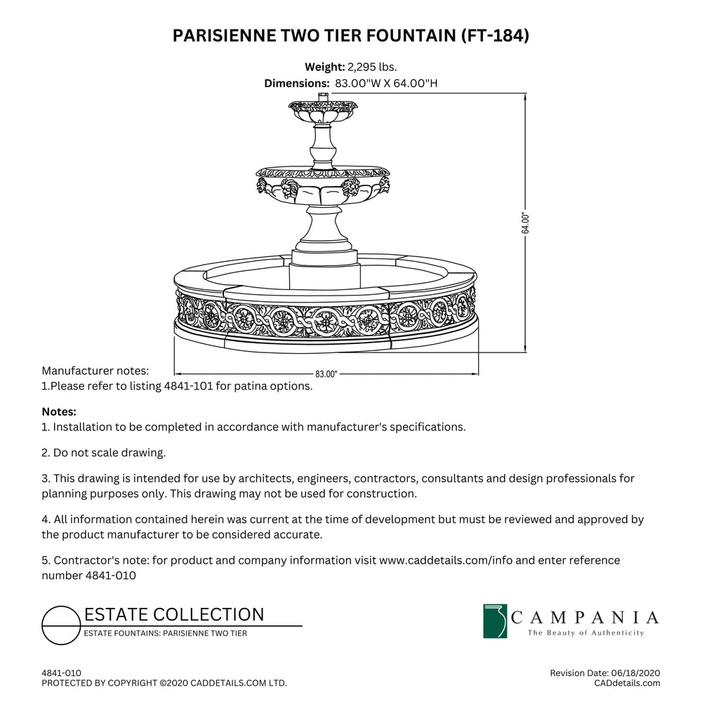 CAD drawing of the Parisienne Two Tier Fountain with dimensions, weight, and manufacturer notes.