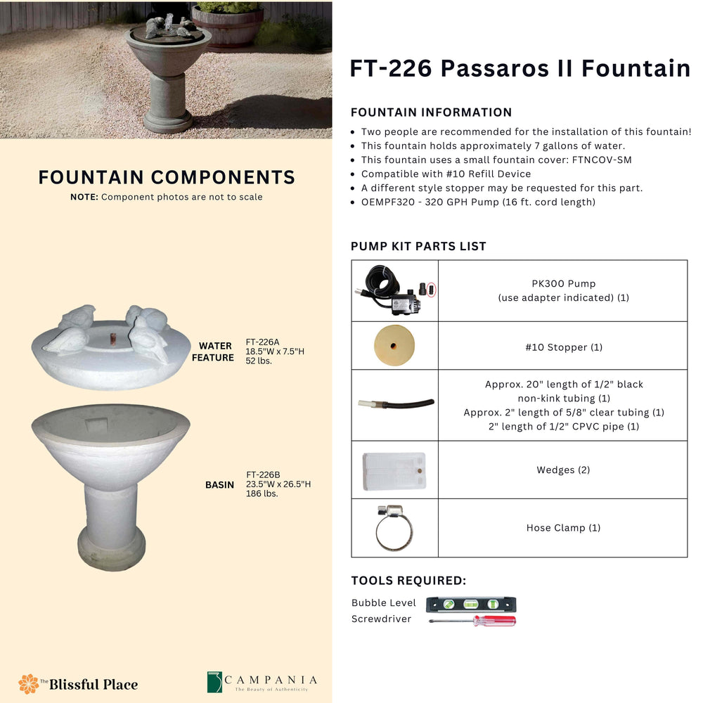 Complete overview of the Passaros II Fountain with dimensions, weights, pump kit parts, tools, and general info.