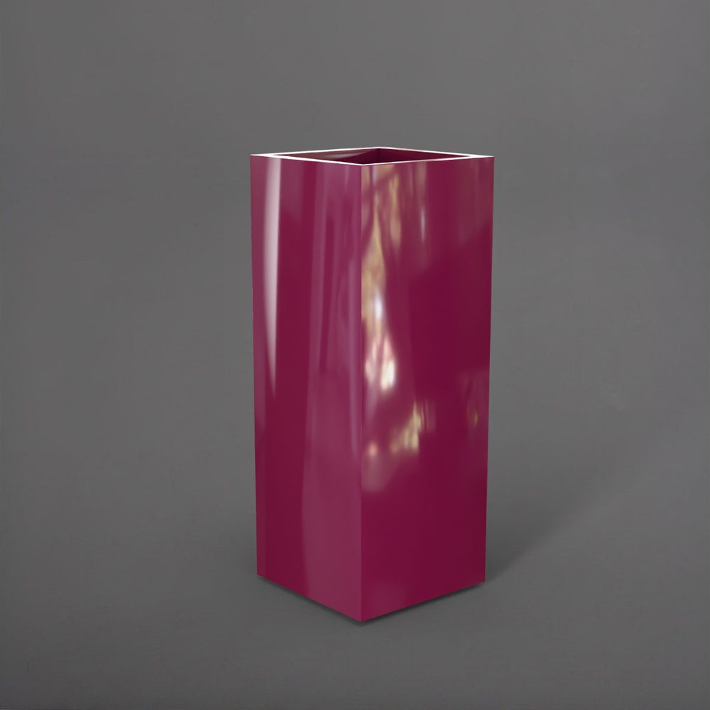 Perth Tall Corner Fiberglass Planter in gloss eggplant against gray background.