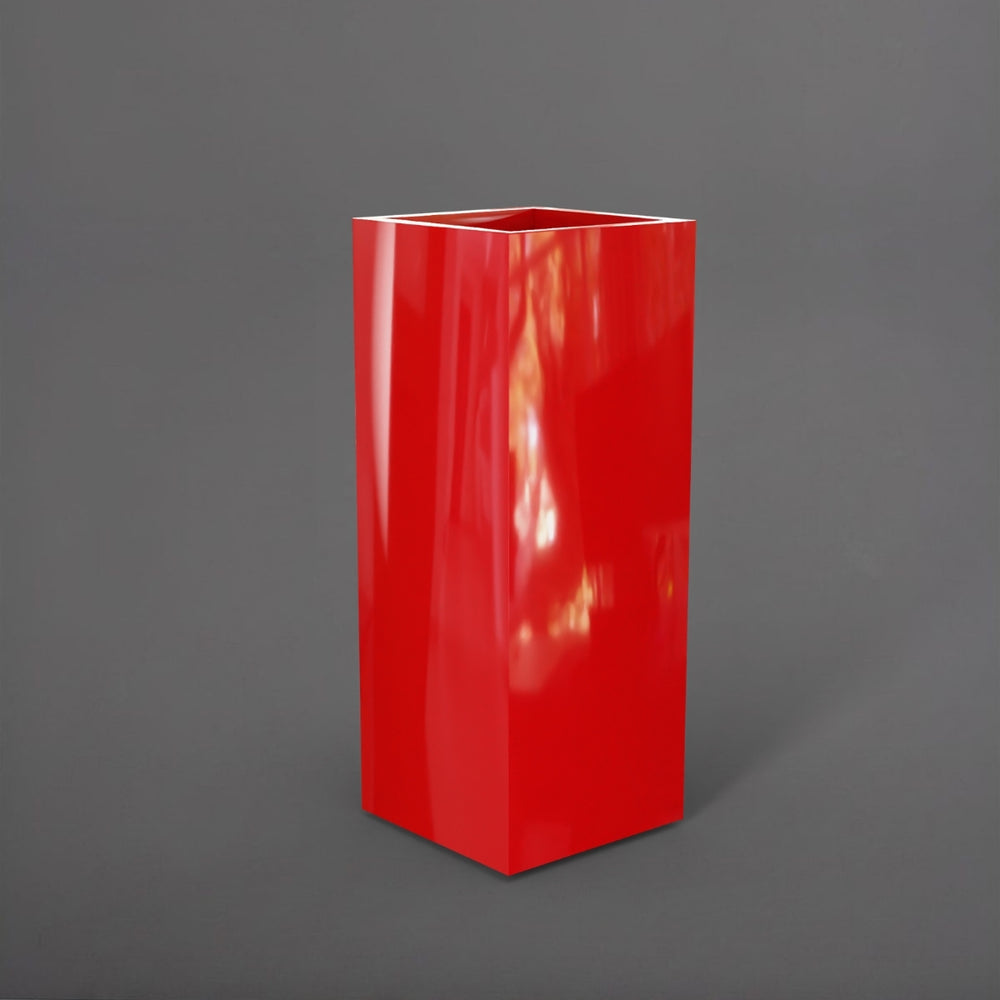 Perth Tall Corner Fiberglass Planter in gloss red against gray background.