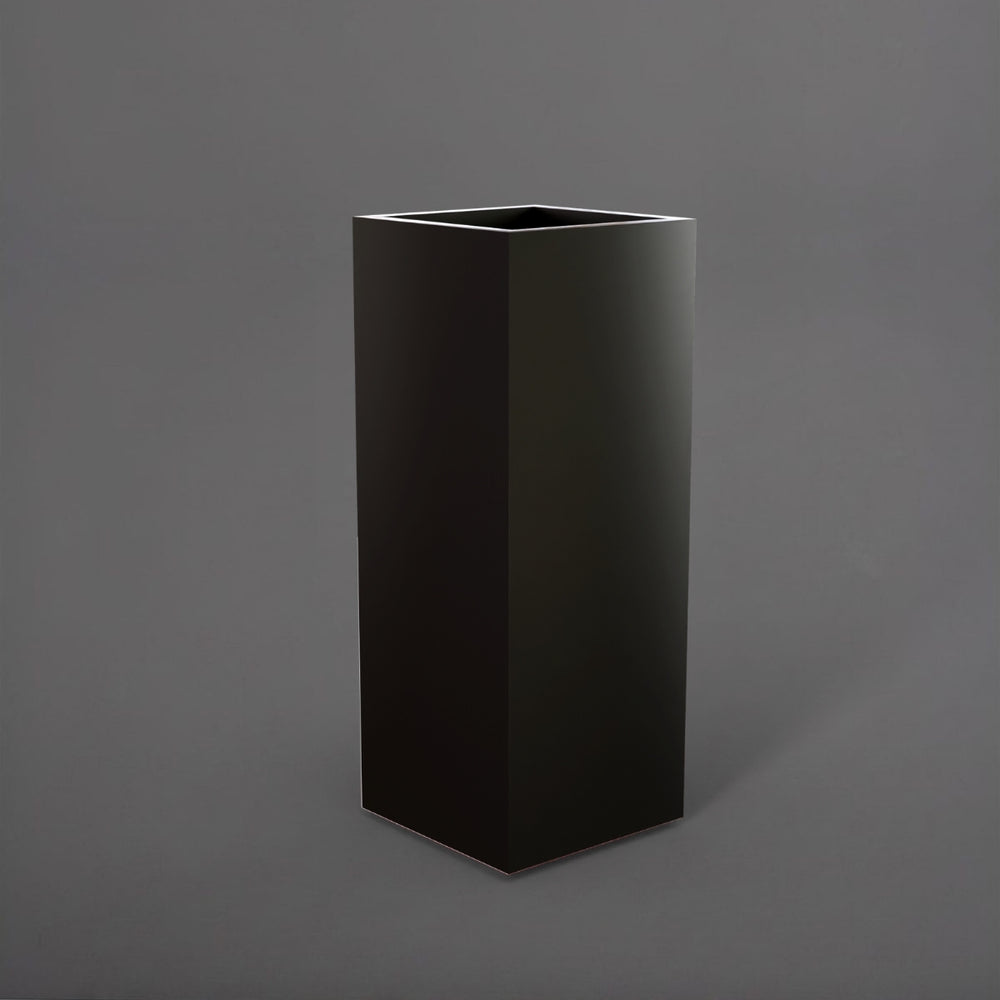 Perth Tall Corner Fiberglass Planter in matte black against gray background.
