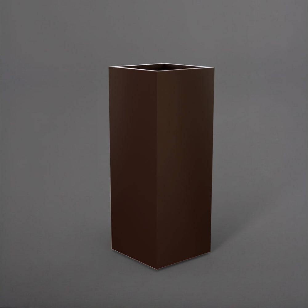 Perth Tall Corner Fiberglass Planter in matte dark brown against gray background.