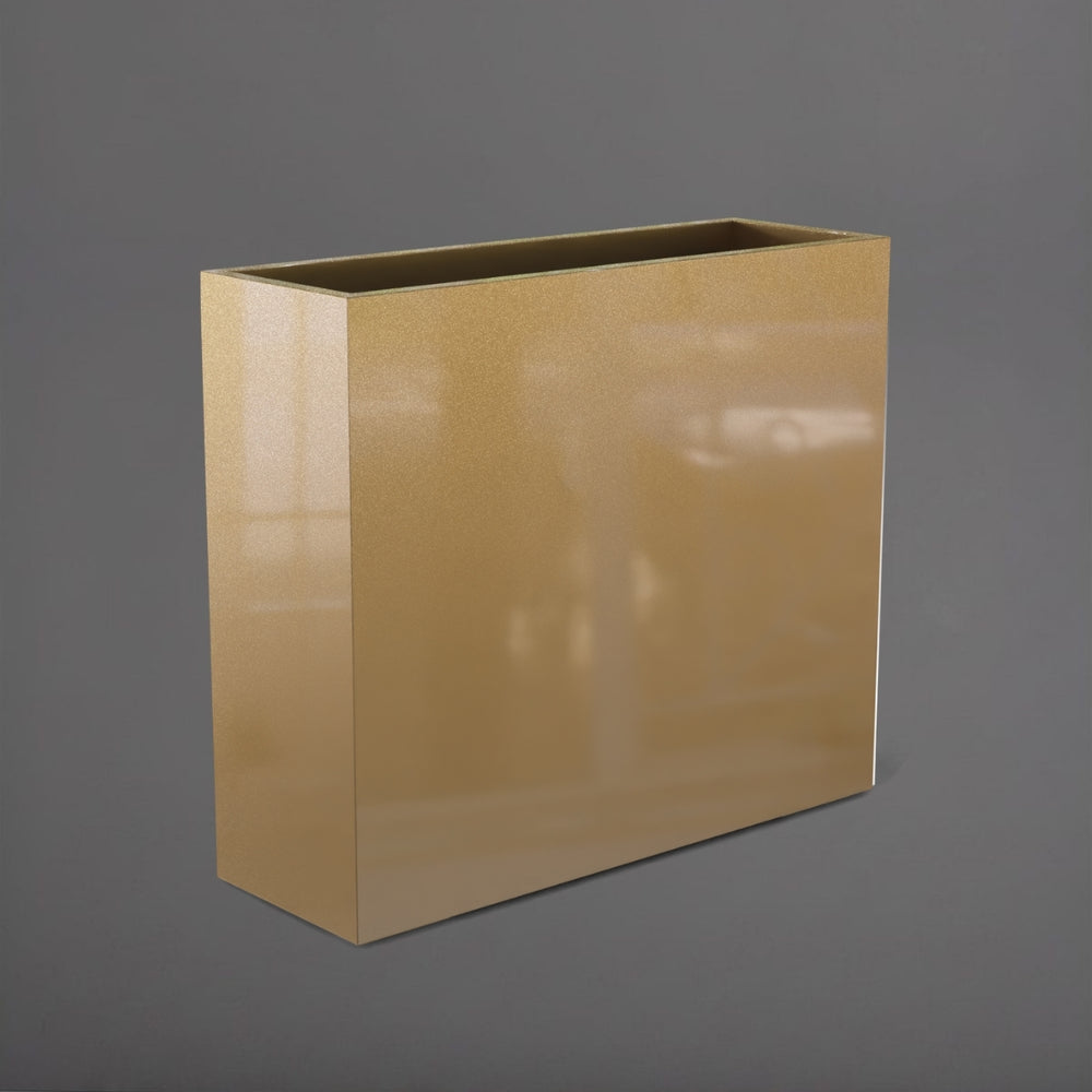Perth Tall Rectangle Fiberglass Planter in gloss metallic gold against gray background.