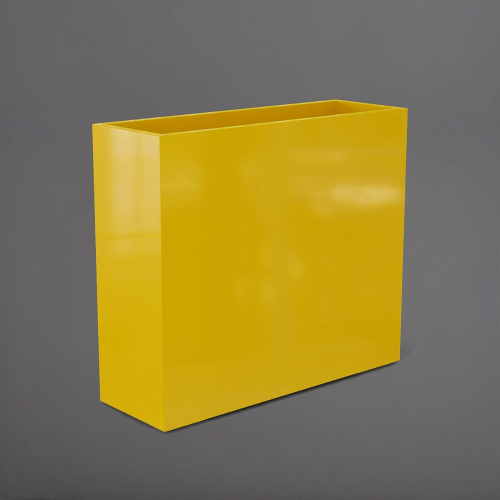 Perth Tall Rectangle Fiberglass Planter in gloss saffron against gray background.
