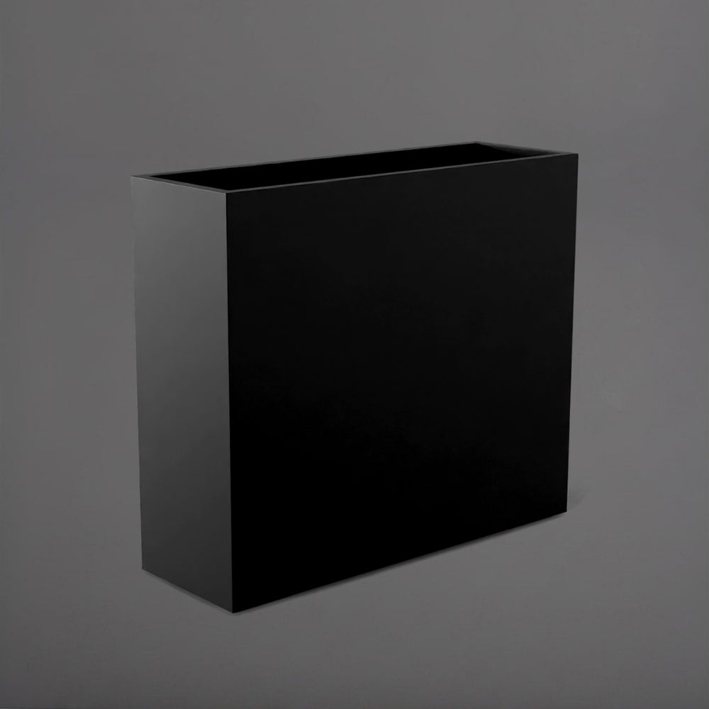 Perth Tall Rectangle Fiberglass Planter in matte black against gray background.