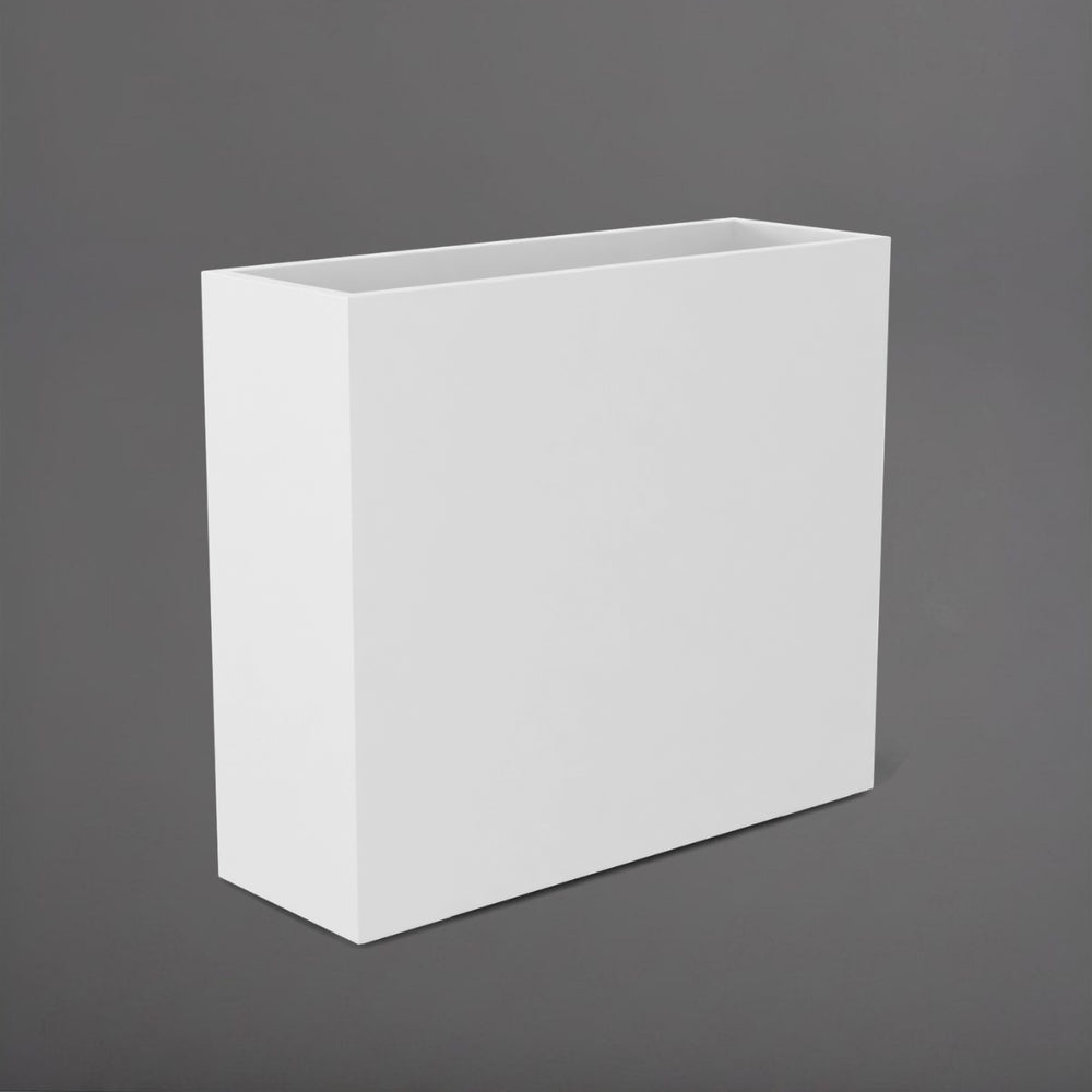 Perth Tall Rectangle Fiberglass Planter in matte bright white against gray background.