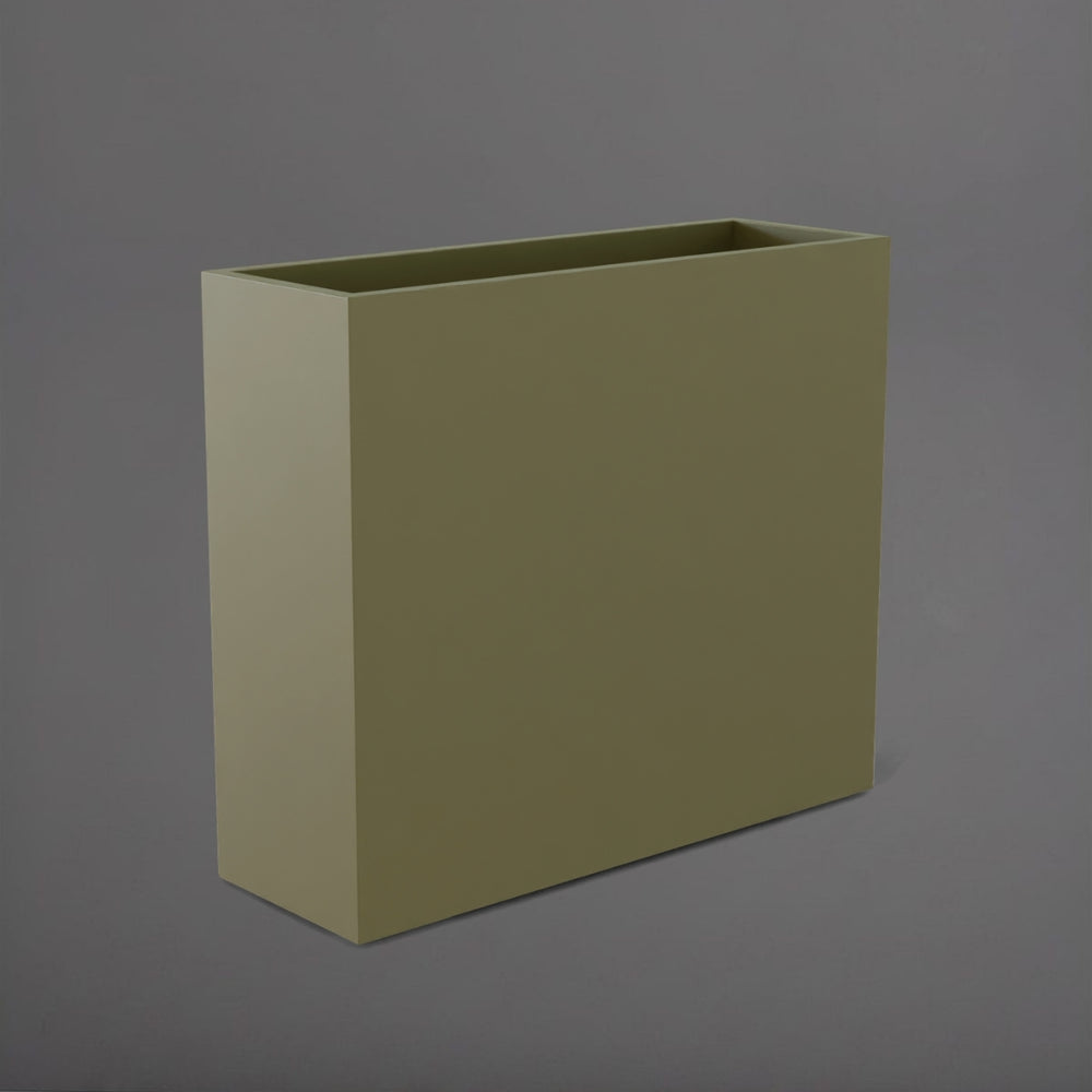 Perth Tall Rectangle Fiberglass Planter in matte bronze against gray background.