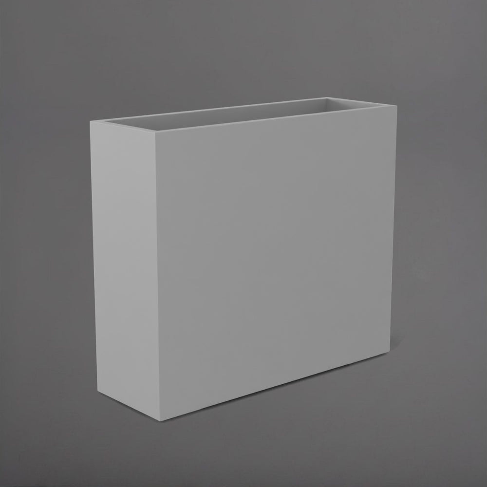 Perth Tall Rectangle Fiberglass Planter in matte cement grey against gray background.
