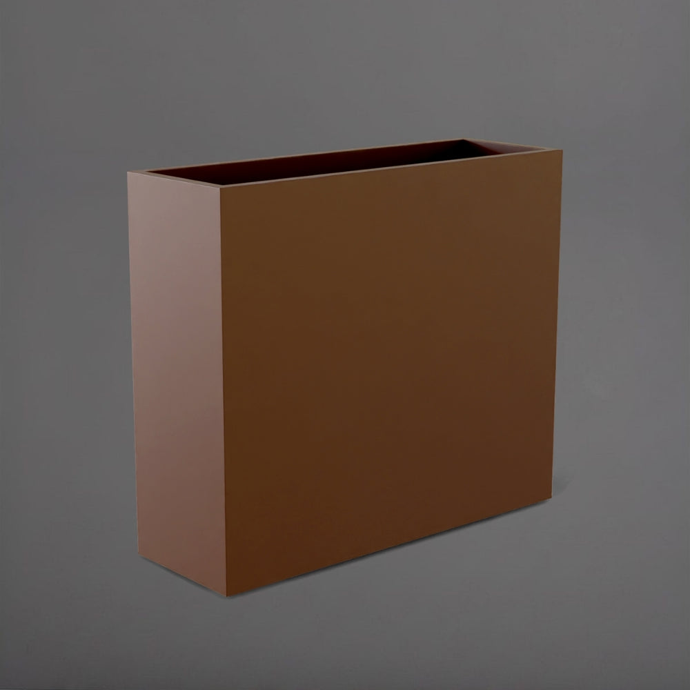 Perth Tall Rectangle Fiberglass Planter in matte dark brown against gray background.