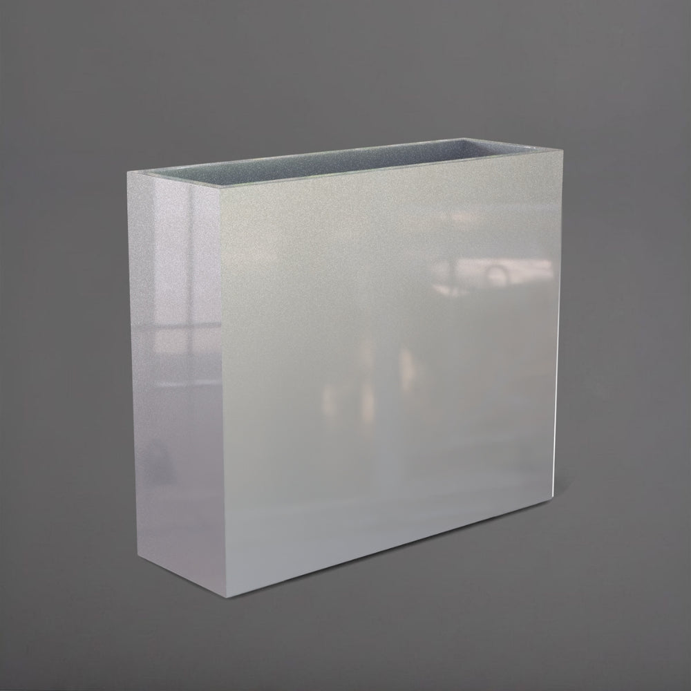 Perth Tall Rectangle Fiberglass Planter in metallic silver against gray background.