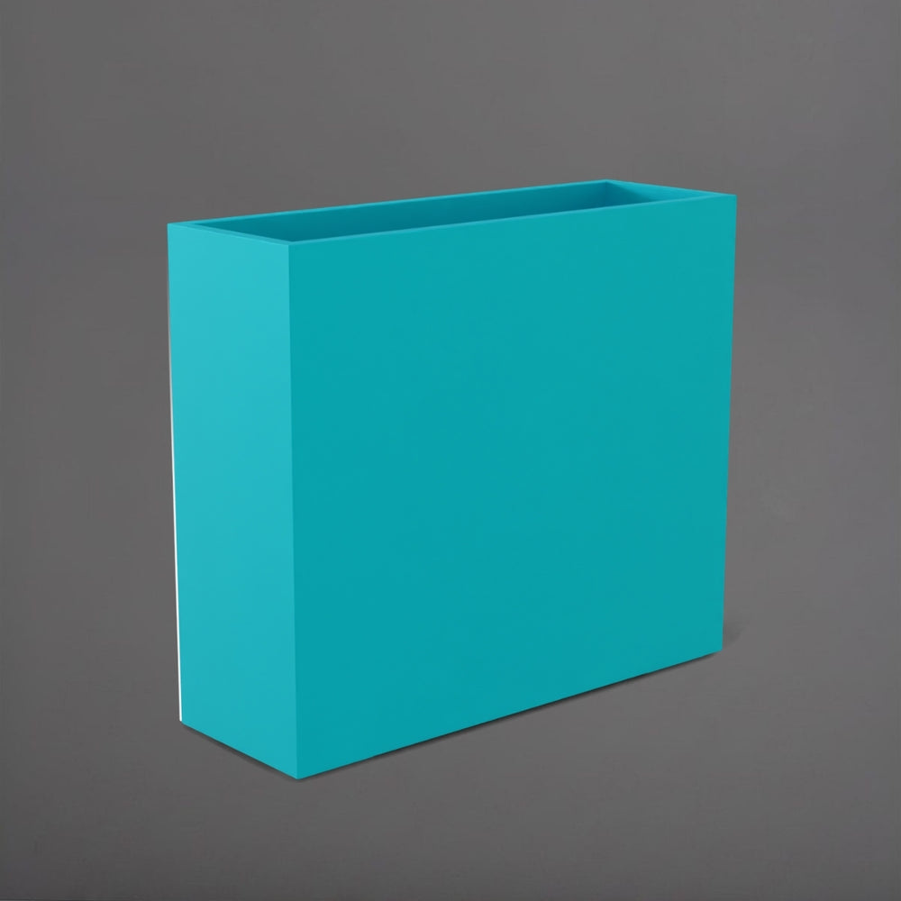 Perth Tall Rectangle Fiberglass Planter in satin seafoam green against gray background.