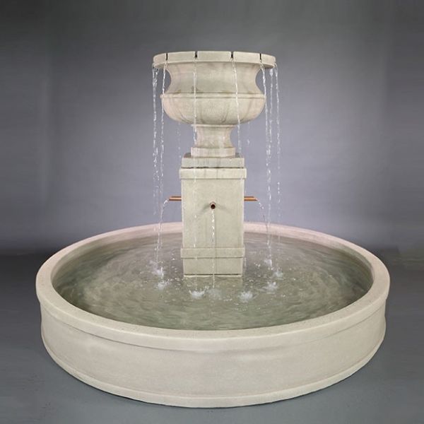 Piazza Aventino Pond Fountain with Copper Spouts against gray background.