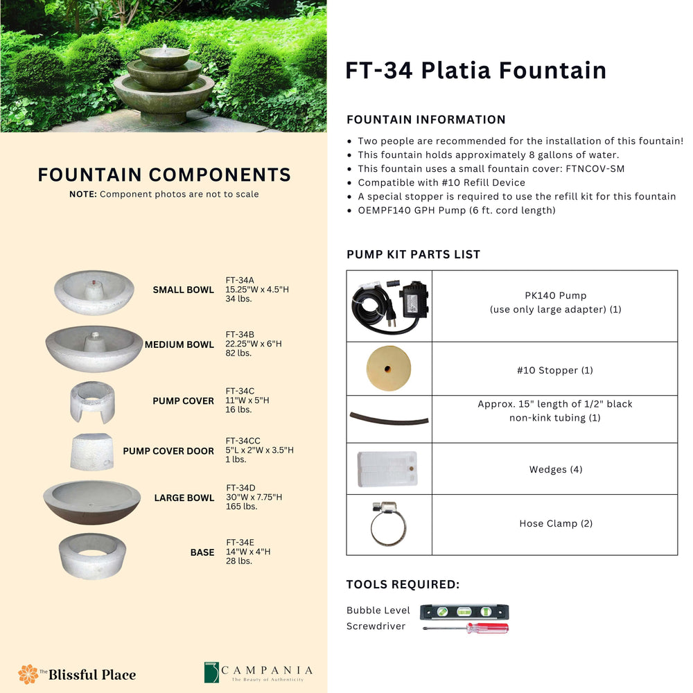 Complete overview of the Platia Fountain with dimensions, weights, pump kit parts, tools, and general info.