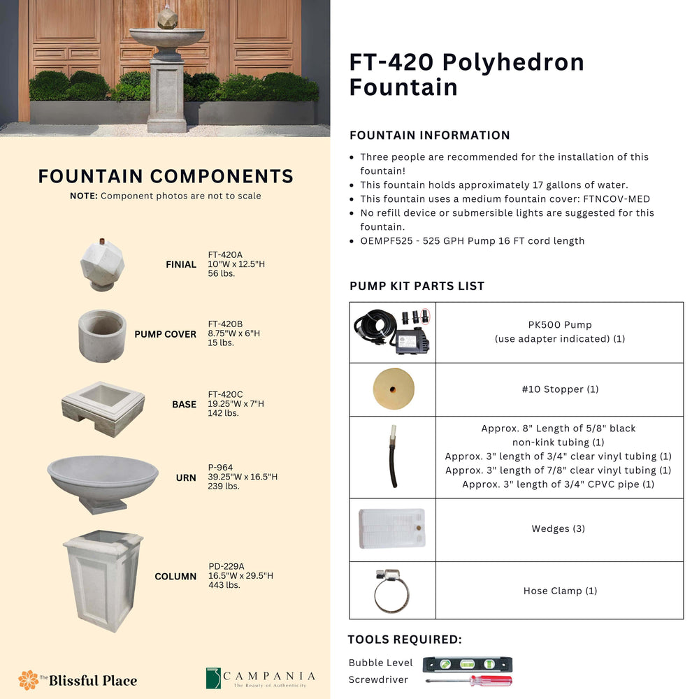 Complete overview of the Polyhedron Fountain with dimensions, weights, pump kit parts, tools, and general info.