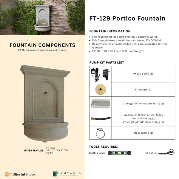 Complete overview of the Portico Fountain with dimensions, weights, pump kit parts, tools, and general info.