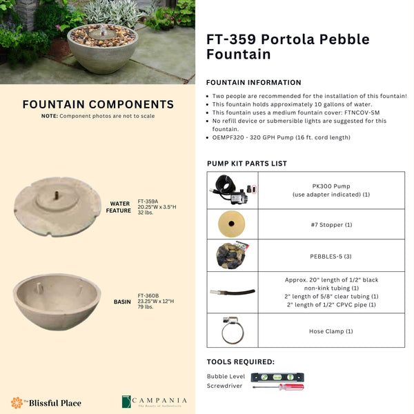 Complete overview of the Portola Pebble Fountain with dimensions, weights, pump kit parts, tools, and general info.